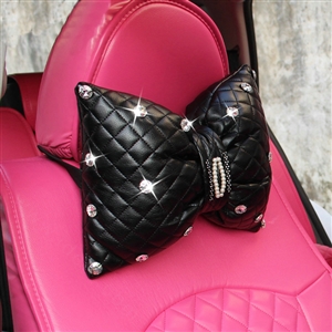 1PCS Bowknot Leather Car Neck Pillow General Beads Diamond Auto Headrest for Women - Black