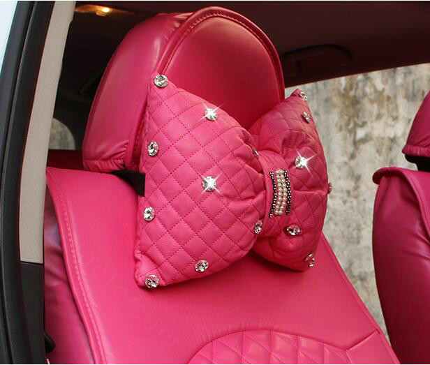 1PCS Bowknot Leather Car Neck Pillow General Beads Diamond Auto Headrest for Women - Rose