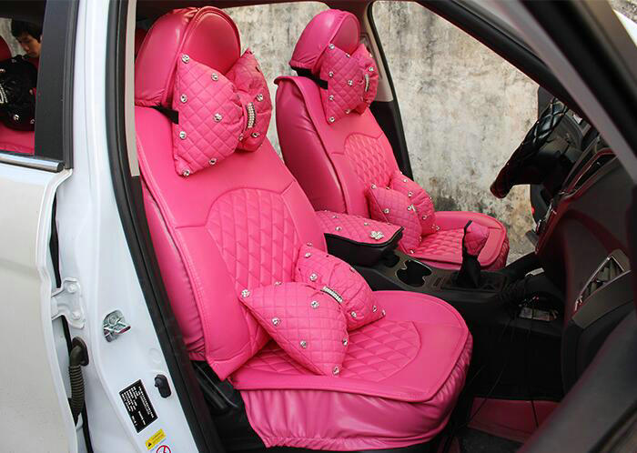 1PCS Bowknot Leather Car Neck Pillow General Beads Diamond Auto Headrest for Women - Rose