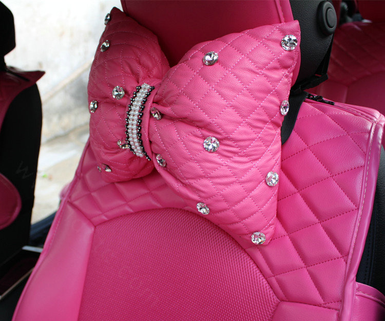 1PCS Bowknot Leather Car Neck Pillow General Beads Diamond Auto Headrest for Women - Rose