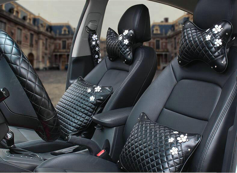 1PCS Daisy Flower Leather Car Neck Pillow Four Seasons General Auto Headrest for Women - Black