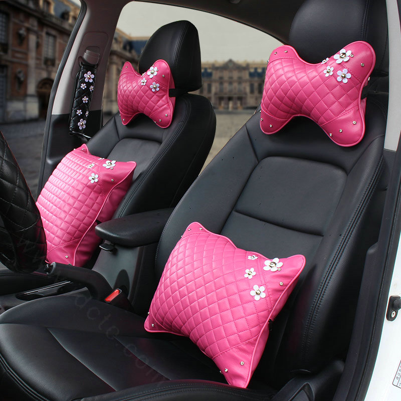 1PCS Daisy Flower Leather Car Neck Pillow Four Seasons General Auto Headrest for Women - Rose