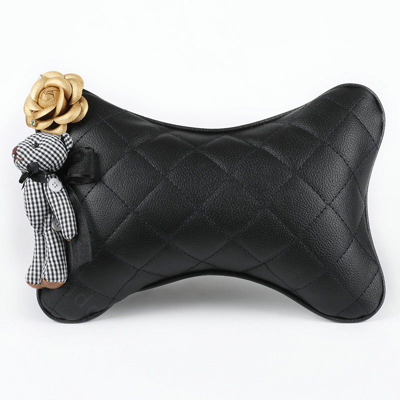 1PCS Flower Bear Leather Car Neck Pillow Four Seasons General Auto Headrest for Women - Black