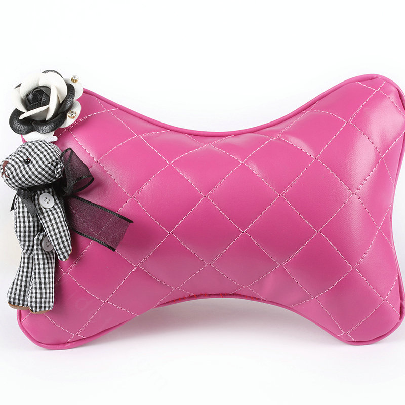 1PCS Flower Bear Leather Car Neck Pillow Four Seasons General Auto Headrest for Women - Rose