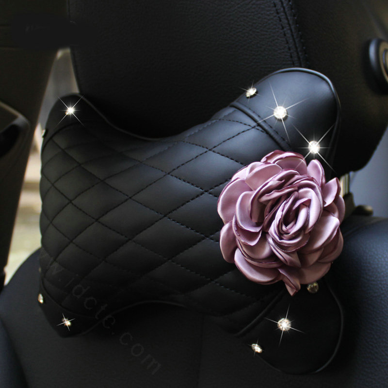 1PCS Flower Crystal Leather Car Neck Pillow Four Seasons General Auto Headrest for Women - Pink