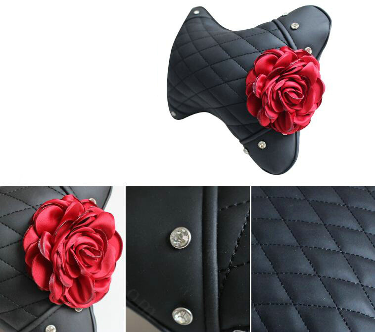 1PCS Flower Crystal Leather Car Neck Pillow Four Seasons General Auto Headrest for Women - Red