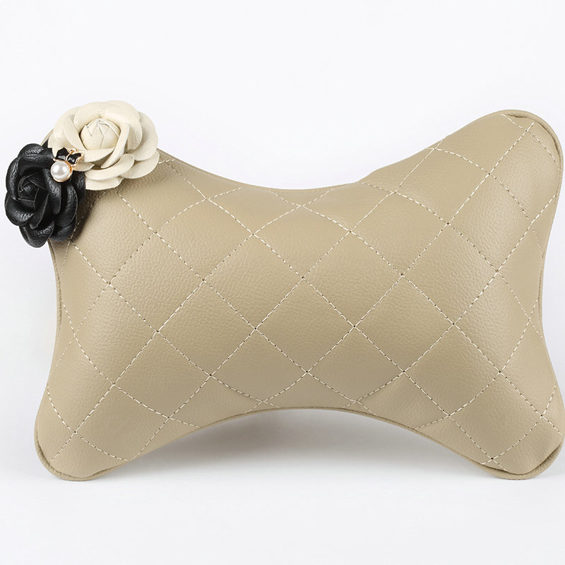 1PCS Flower Leather Car Neck Pillow Four Seasons General Auto Headrest for Women - Beige