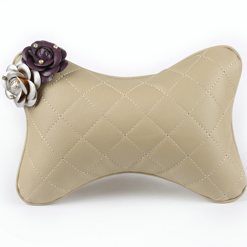 1PCS Flower Leather Car Neck Pillow Four Seasons General Auto Headrest for Women - Purple Beige