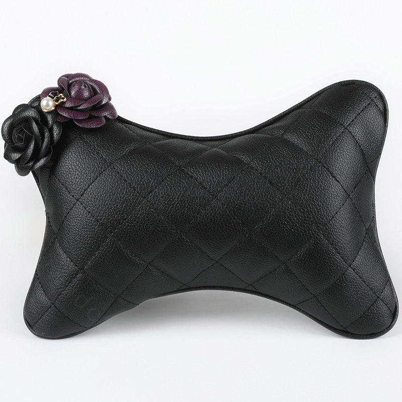 1PCS Flower Leather Car Neck Pillow Four Seasons General Auto Headrest for Women - Purple Black
