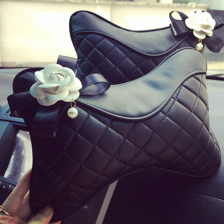 1PCS Pearl Flower Leather Car Neck Pillow Four Seasons General Auto Headrest for Women - Black