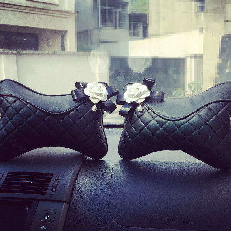 1PCS Pearl Flower Leather Car Neck Pillow Four Seasons General Auto Headrest for Women - Black