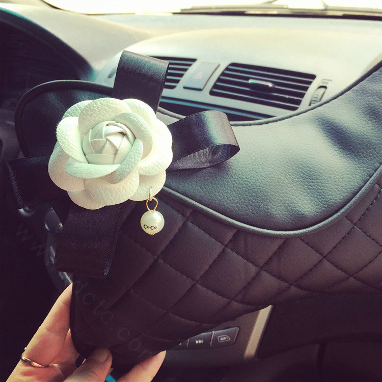 1PCS Pearl Flower Leather Car Neck Pillow Four Seasons General Auto Headrest for Women - Black