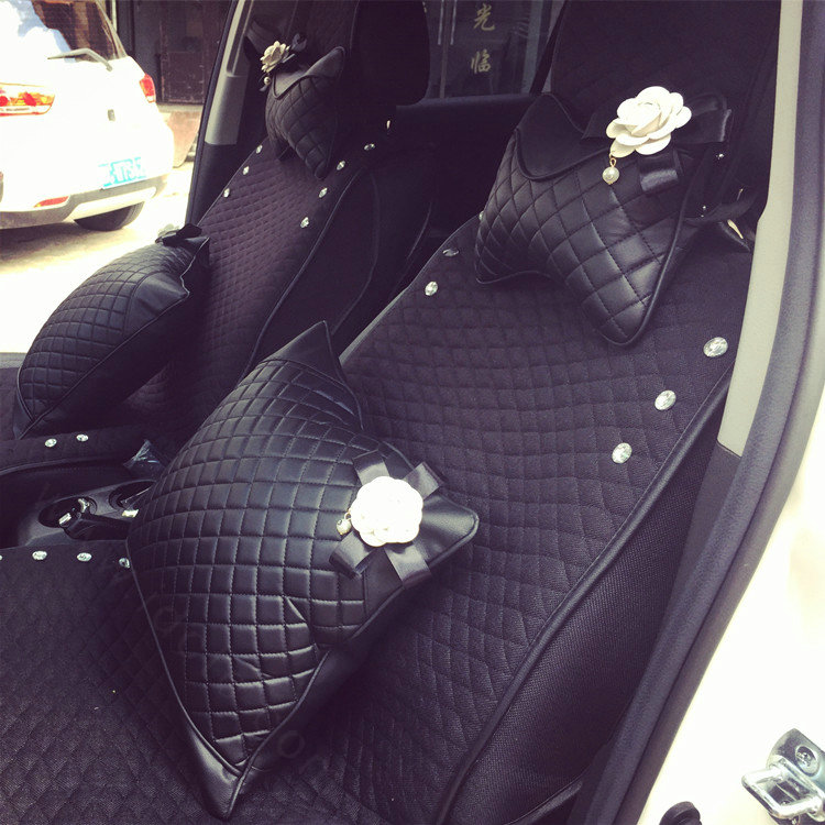 1PCS Pearl Flower Leather Car Neck Pillow Four Seasons General Auto Headrest for Women - Black
