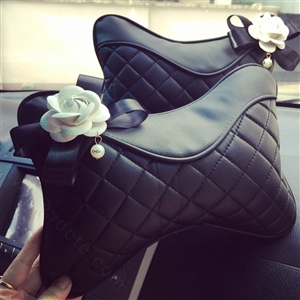 1PCS Pearl Flower Leather Car Neck Pillow Four Seasons General Auto Headrest for Women - Black