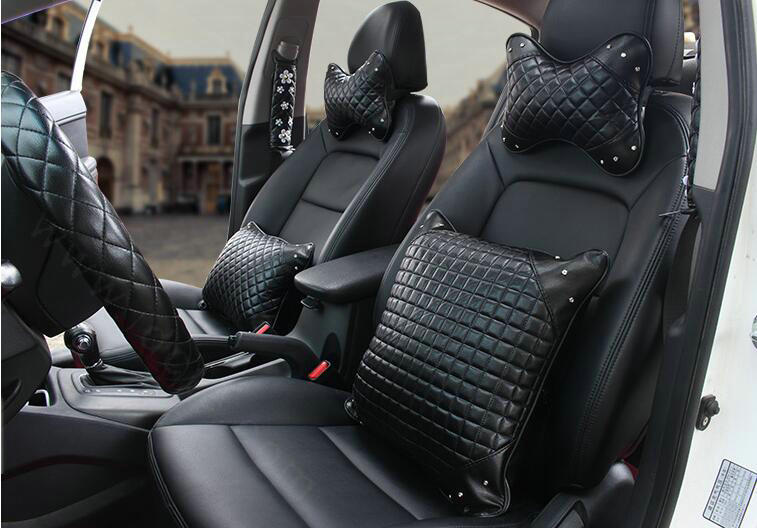 1PCS Rhinestone Leather Car Neck Pillow Four Seasons General Auto Headrest for Women - Black