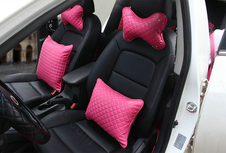 1PCS Rhinestone Leather Car Neck Pillow Four Seasons General Auto Headrest for Women - Rose