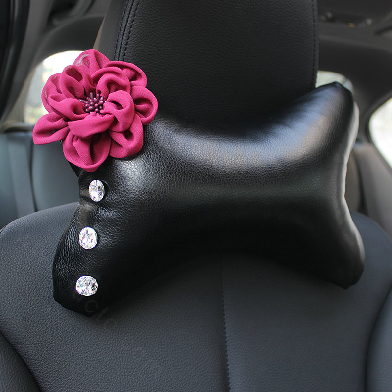 1PCS Roses Crystal Leather Car Neck Pillow Four Seasons General Auto Headrest for Women - Purple