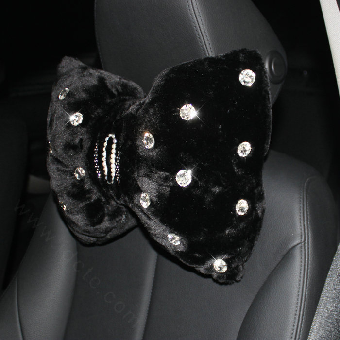 1pcs Bowknot Plush Car Neck Pillow Fashion Beaded Rhinestone Auto Headrest for Women - Black