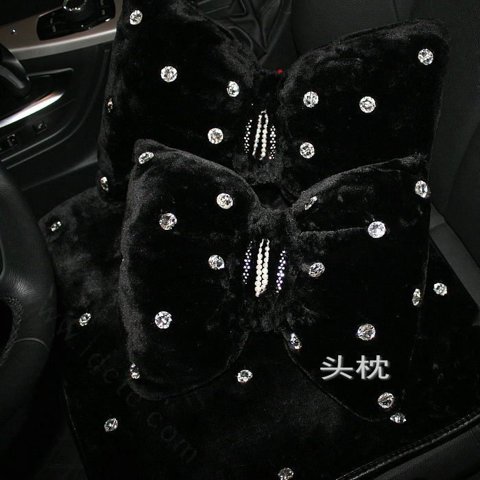 1pcs Bowknot Plush Car Neck Pillow Fashion Beaded Rhinestone Auto Headrest for Women - Black