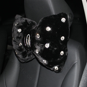 1pcs Bowknot Plush Car Neck Pillow Fashion Beaded Rhinestone Auto Headrest for Women - Black