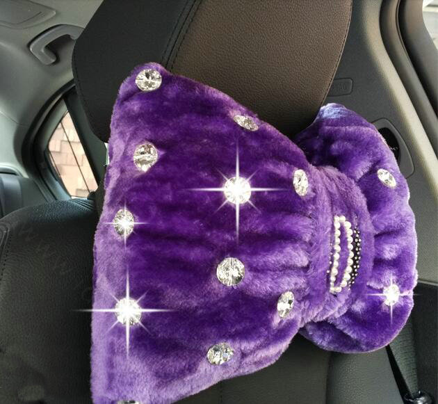 1pcs Bowknot Plush Car Neck Pillow Fashion Beaded Rhinestone Auto Headrest for Women - Purple