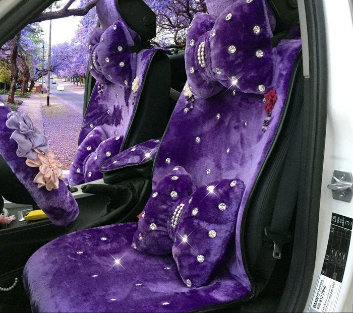 1pcs Bowknot Plush Car Neck Pillow Fashion Beaded Rhinestone Auto Headrest for Women - Purple
