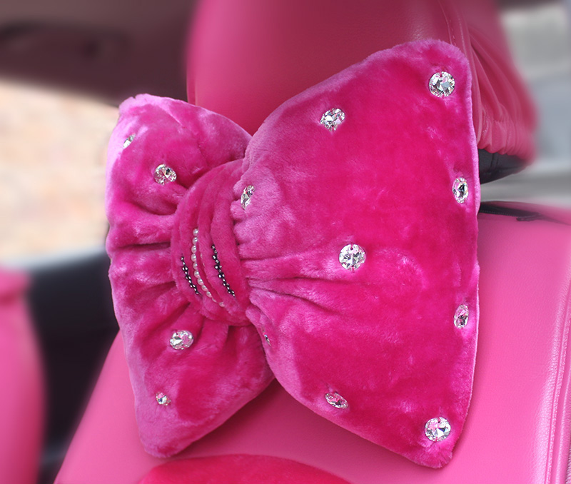 1pcs Bowknot Plush Car Neck Pillow Fashion Beaded Rhinestone Auto Headrest for Women - Rose