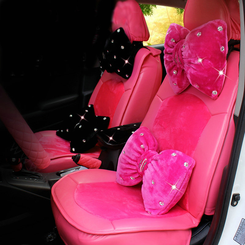 1pcs Bowknot Plush Car Neck Pillow Fashion Beaded Rhinestone Auto Headrest for Women - Rose