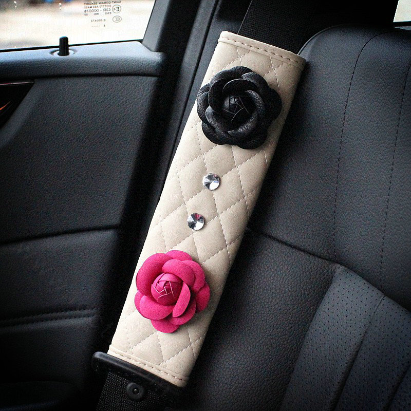 1pcs Camellia Leather Car Safety Seat Belt Cover Crystal Shoulder Pads Accessories - Rose Beige