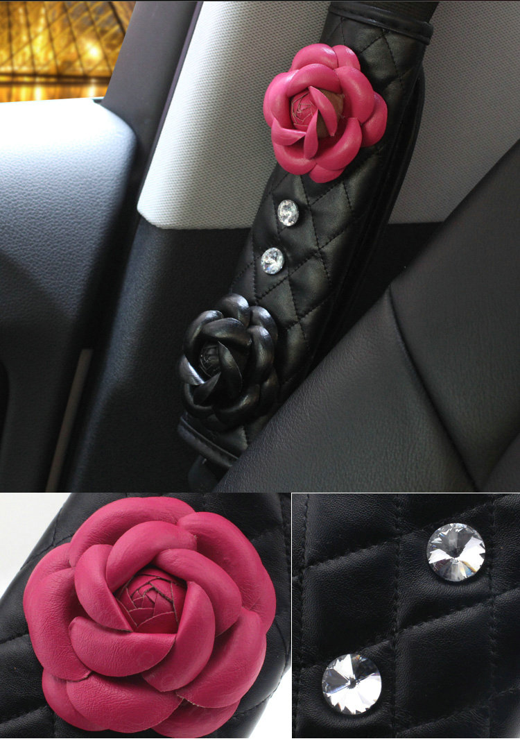 1pcs Camellia Leather Car Safety Seat Belt Cover Crystal Shoulder Pads Accessories - Rose Black