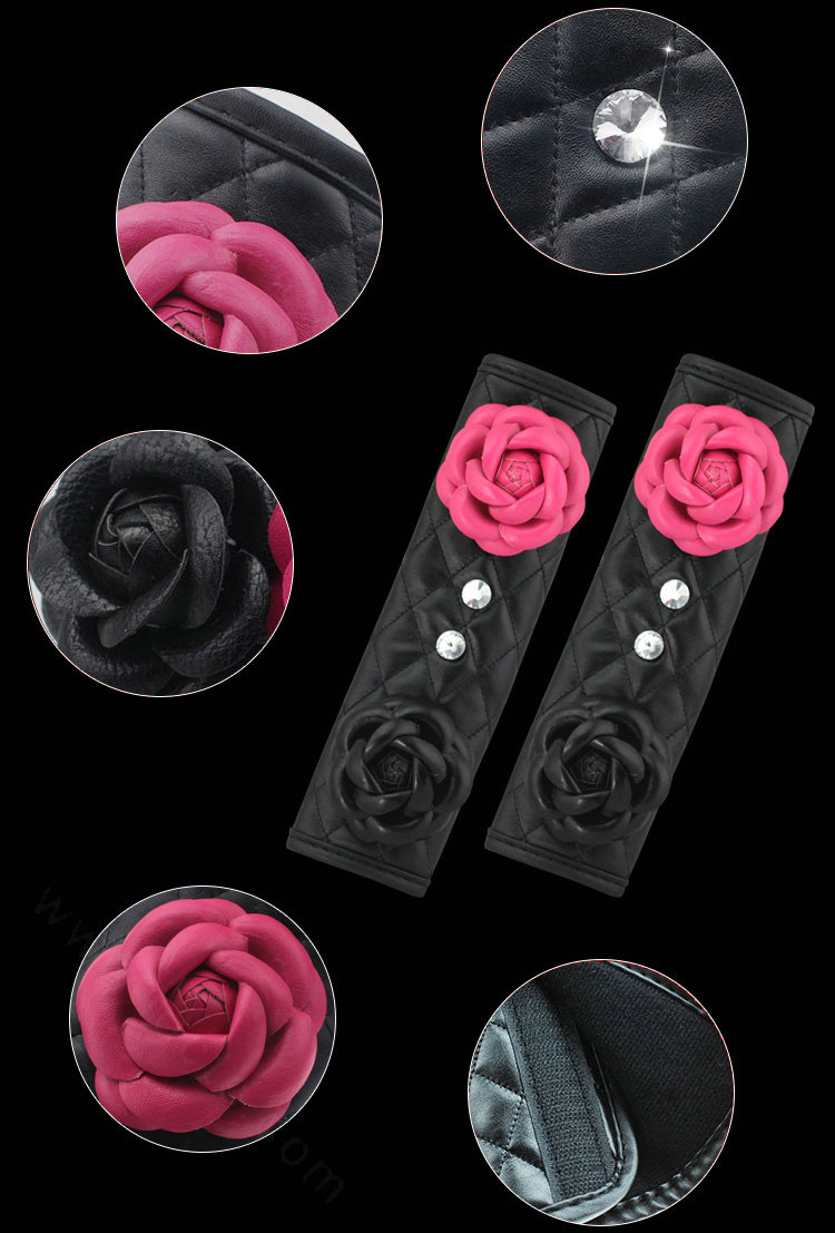 1pcs Camellia Leather Car Safety Seat Belt Cover Crystal Shoulder Pads Accessories - Rose Black