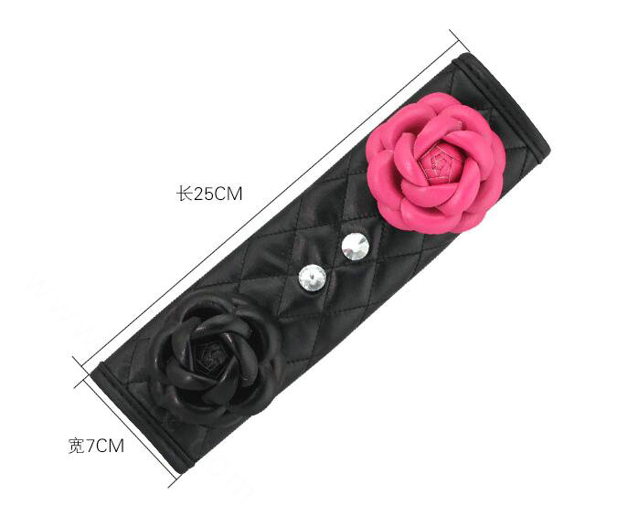1pcs Camellia Leather Car Safety Seat Belt Cover Crystal Shoulder Pads Accessories - Rose Black