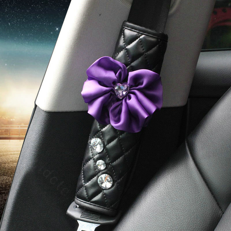 1pcs Car Safety Seat Belt Covers Elegant Crystal Flower Leather Shoulder Pads Accessories - Purple