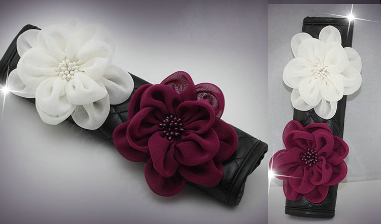 1pcs Car Safety Seat Belt Covers Women Creative Crystal Flower Leather Shoulder Pads - Black