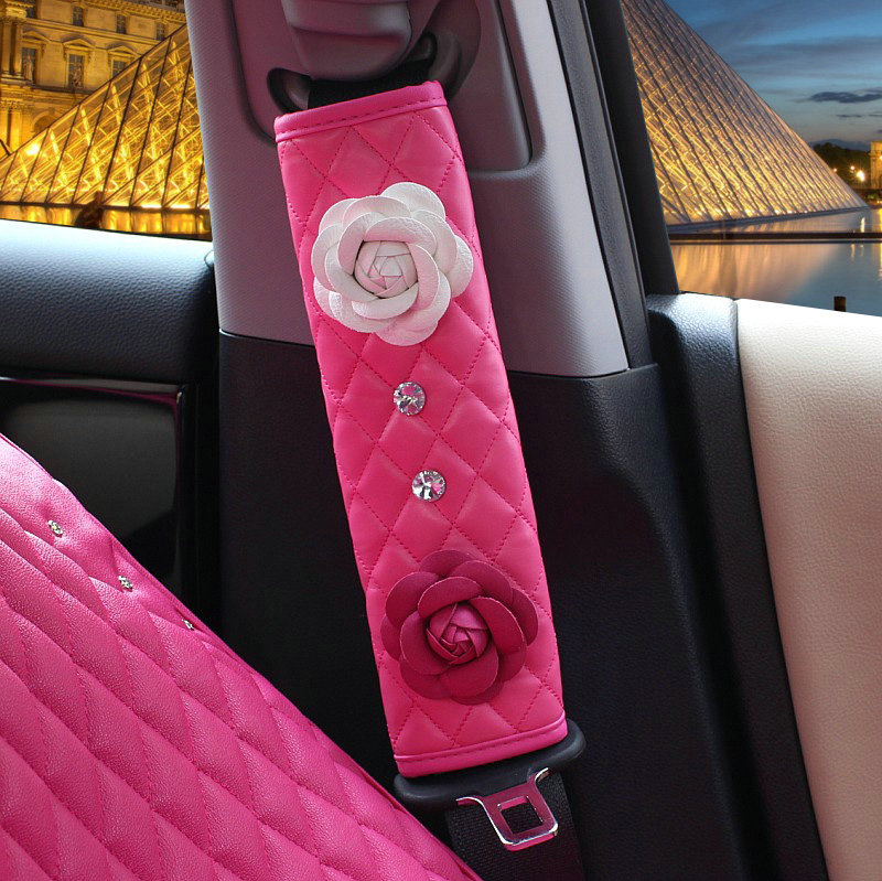 1pcs Car Safety Seat Belt Covers Women Creative Crystal Flower Leather Shoulder Pads - Rose