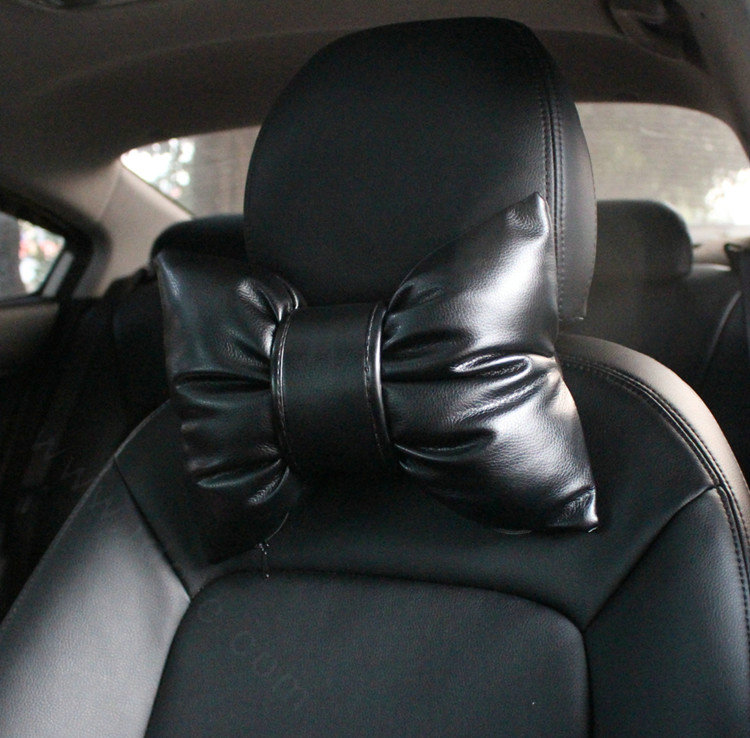 2PCS Bowknot Auto Headrest Leather Car Neck Pillow Four Seasons General for Women - Black