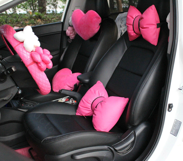 2PCS Bowknot Auto Headrest Leather Car Neck Pillow Four Seasons General for Women - Rose