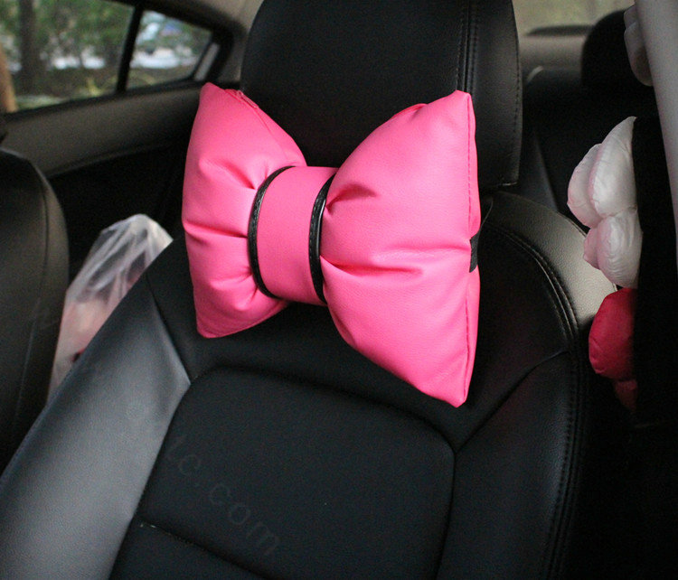 2PCS Bowknot Auto Headrest Leather Car Neck Pillow Four Seasons General for Women - Rose