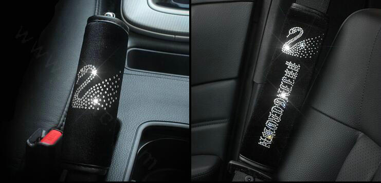 2pcs Car Safety Seat Belt Covers Diamond Plush Shoulder Pads Auto Interior Accessories - Black