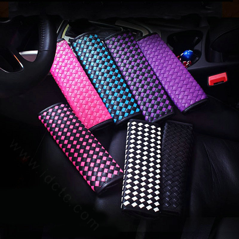 2pcs Car Safety Seat Belt Covers Weaving Leather Shoulder Pads High Quality - Black Blue