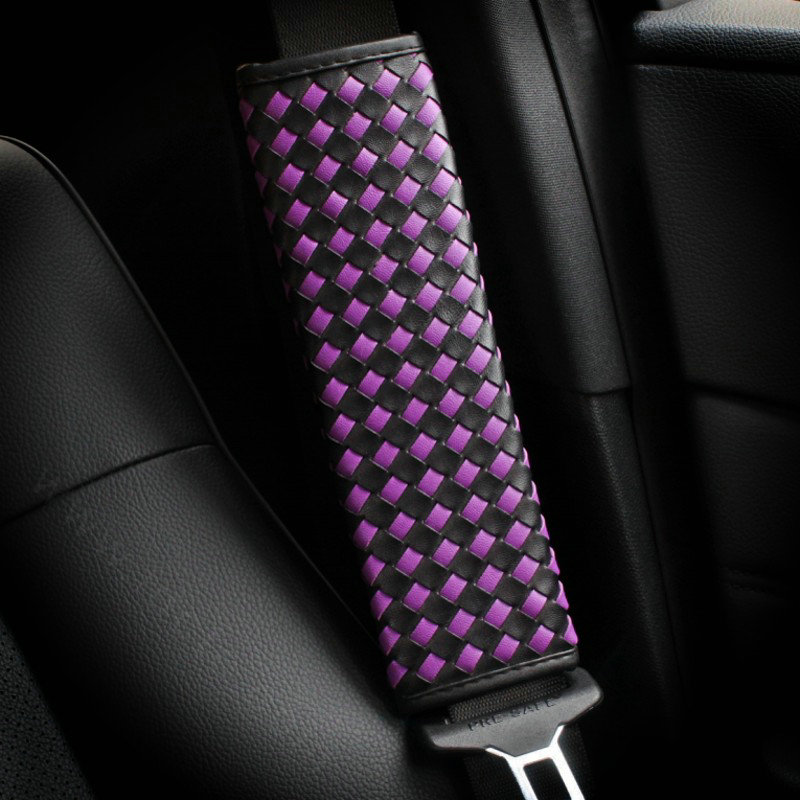 2pcs Car Safety Seat Belt Covers Weaving Leather Shoulder Pads High Quality - Black Purple
