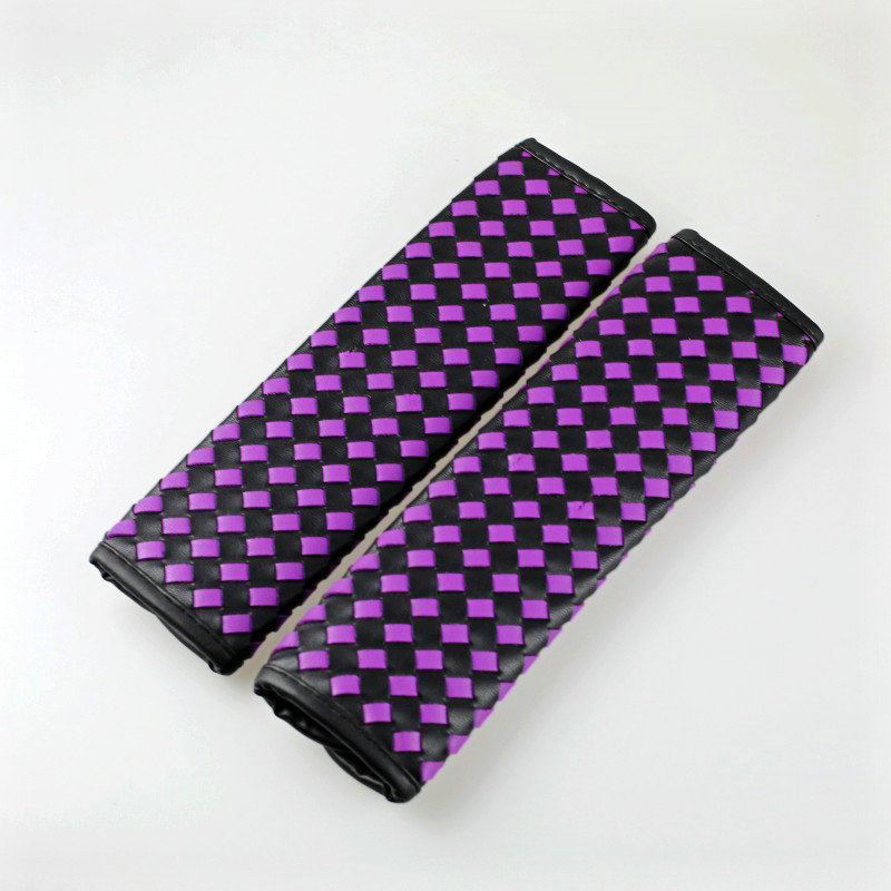 2pcs Car Safety Seat Belt Covers Weaving Leather Shoulder Pads High Quality - Black Purple
