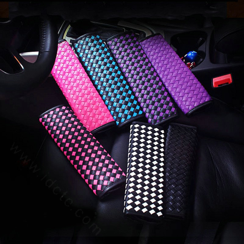 2pcs Car Safety Seat Belt Covers Weaving Leather Shoulder Pads High Quality - Black White