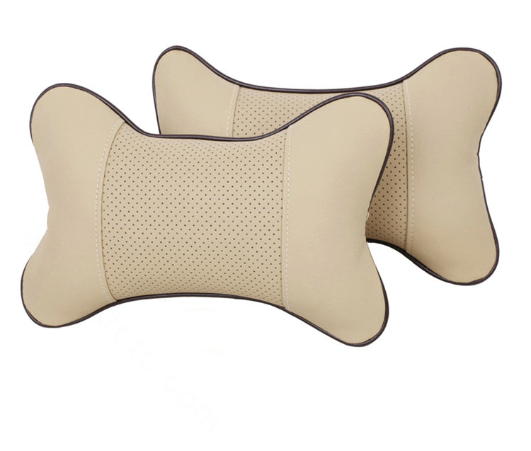 2pcs Genuine Leather Car Seat Pillow Breathable Soft Neck Cushion Auto Styling Accessories - Beige