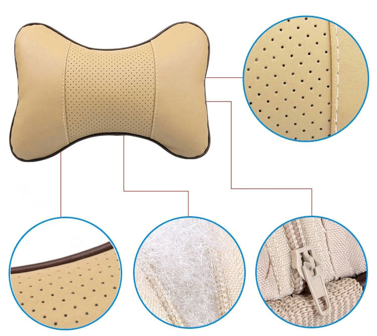 2pcs Genuine Leather Car Seat Pillow Breathable Soft Neck Cushion Auto Styling Accessories - Beige