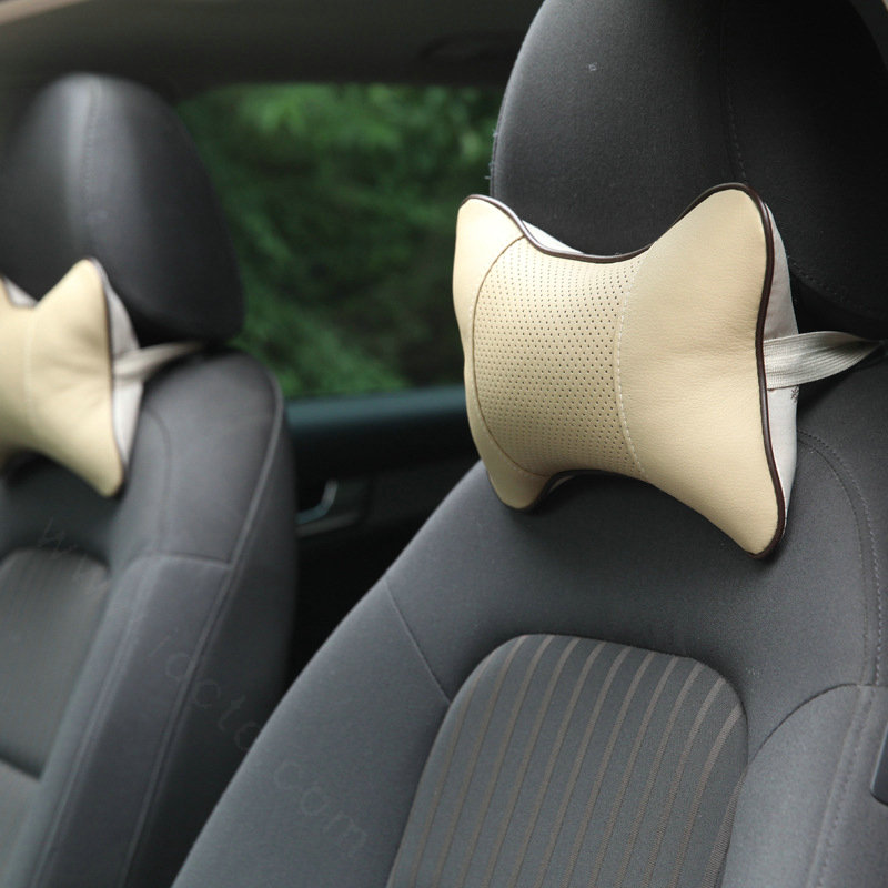 2pcs Genuine Leather Car Seat Pillow Breathable Soft Neck Cushion Auto Styling Accessories - Beige