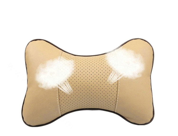 2pcs Genuine Leather Car Seat Pillow Breathable Soft Neck Cushion Auto Styling Accessories - Beige