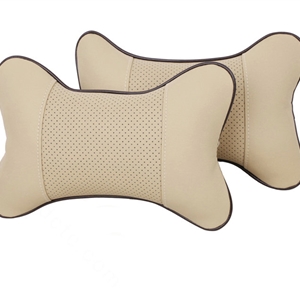 2pcs Genuine Leather Car Seat Pillow Breathable Soft Neck Cushion Auto Styling Accessories - Beige