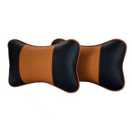 2pcs Genuine Leather Car Seat Pillow Breathable Soft Neck Cushion Auto Styling Accessories - Black Brown