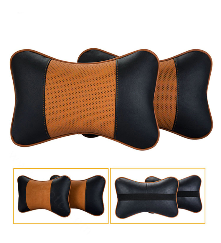 2pcs Genuine Leather Car Seat Pillow Breathable Soft Neck Cushion Auto Styling Accessories - Black Brown